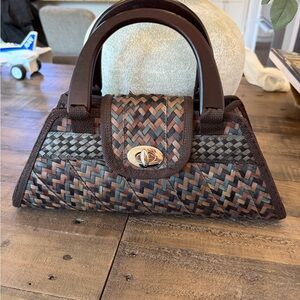 Woven Brown Turn Lock Handbag